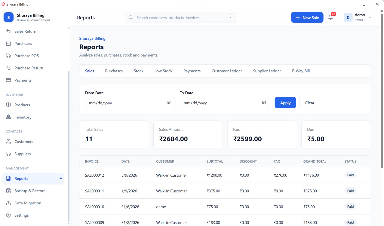 Shuraya Billing reports screen with sales, purchase, stock and e-way bill tabs