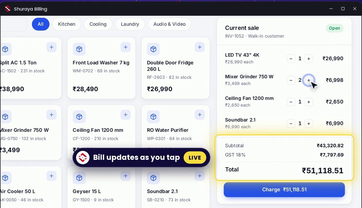Shuraya Billing POS screen building a bill as products are tapped