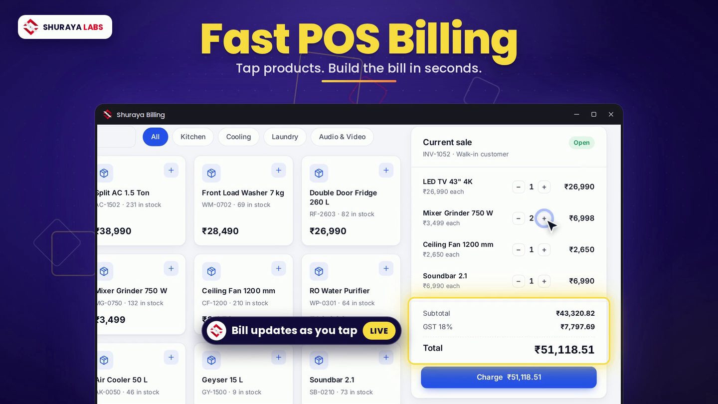 Shuraya Billing POS screen from the product film